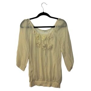 Mine  Boho Pale Yellow Textured Women's Blouse with floral accents